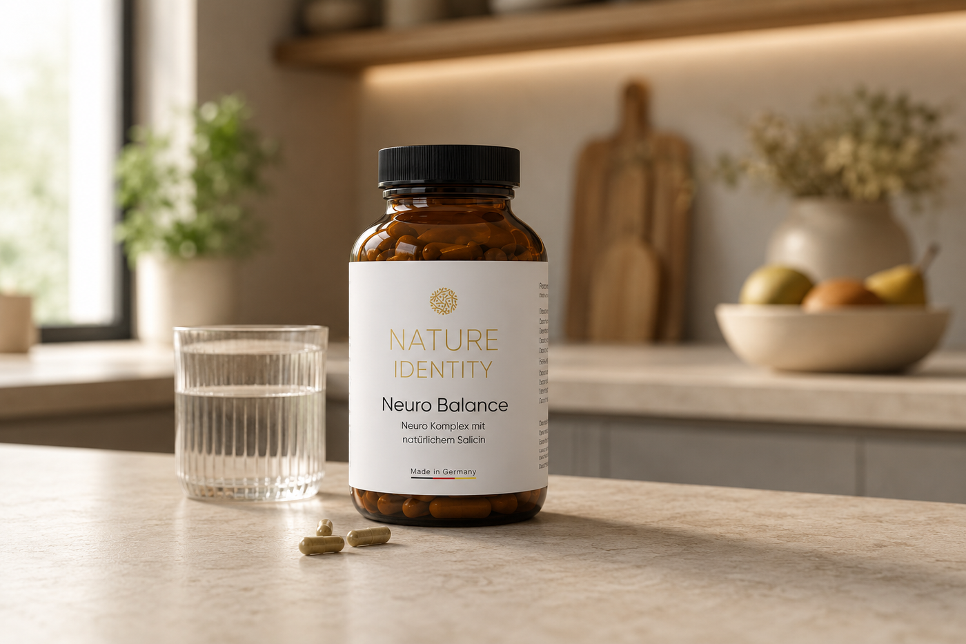 Omega-3 bottle on a natural stone surface