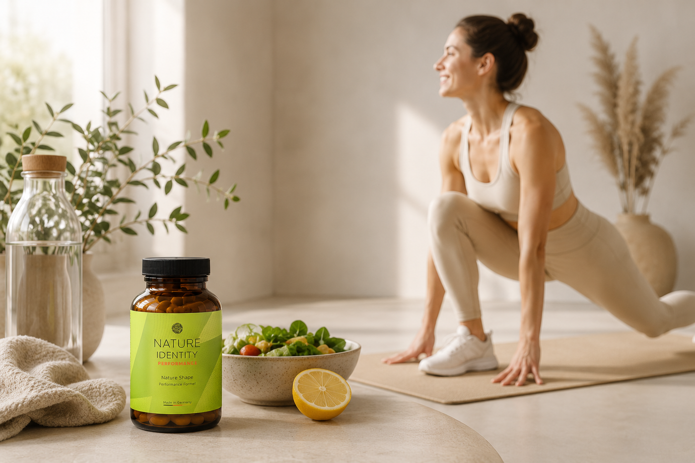 Omega-3 bottle on a natural stone surface