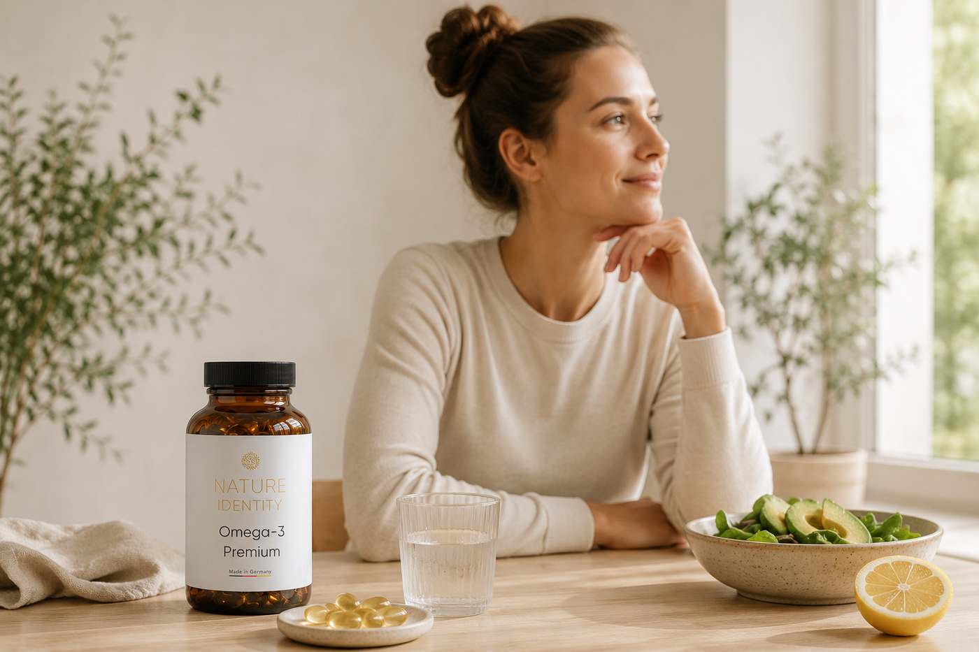 Omega-3 bottle on a natural stone surface