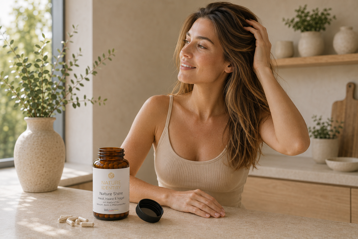 Omega-3 bottle on a natural stone surface