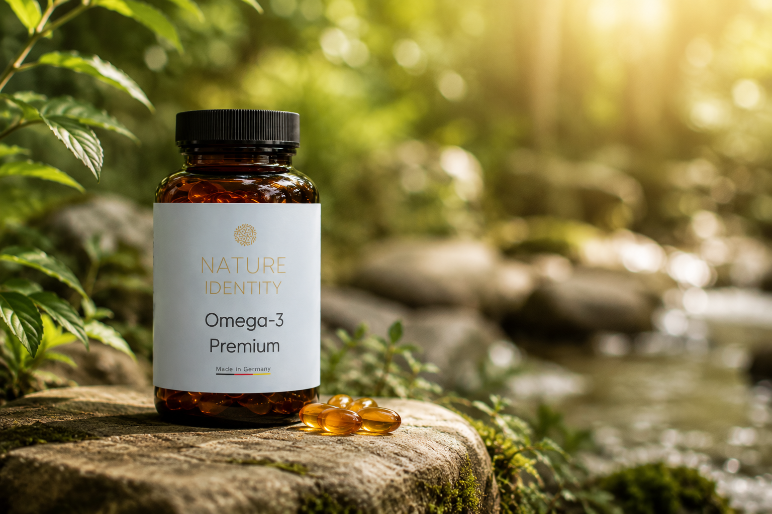 Omega-3-Flasche auf einer natürlichen Oberfläche
