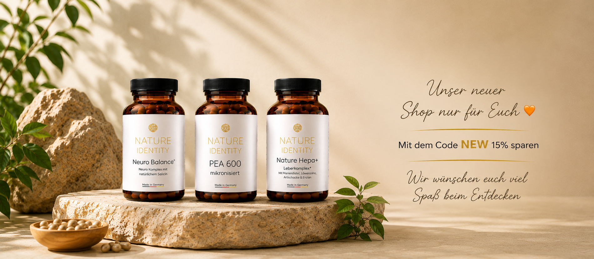 Nature Identity supplement formulas on a natural stone background