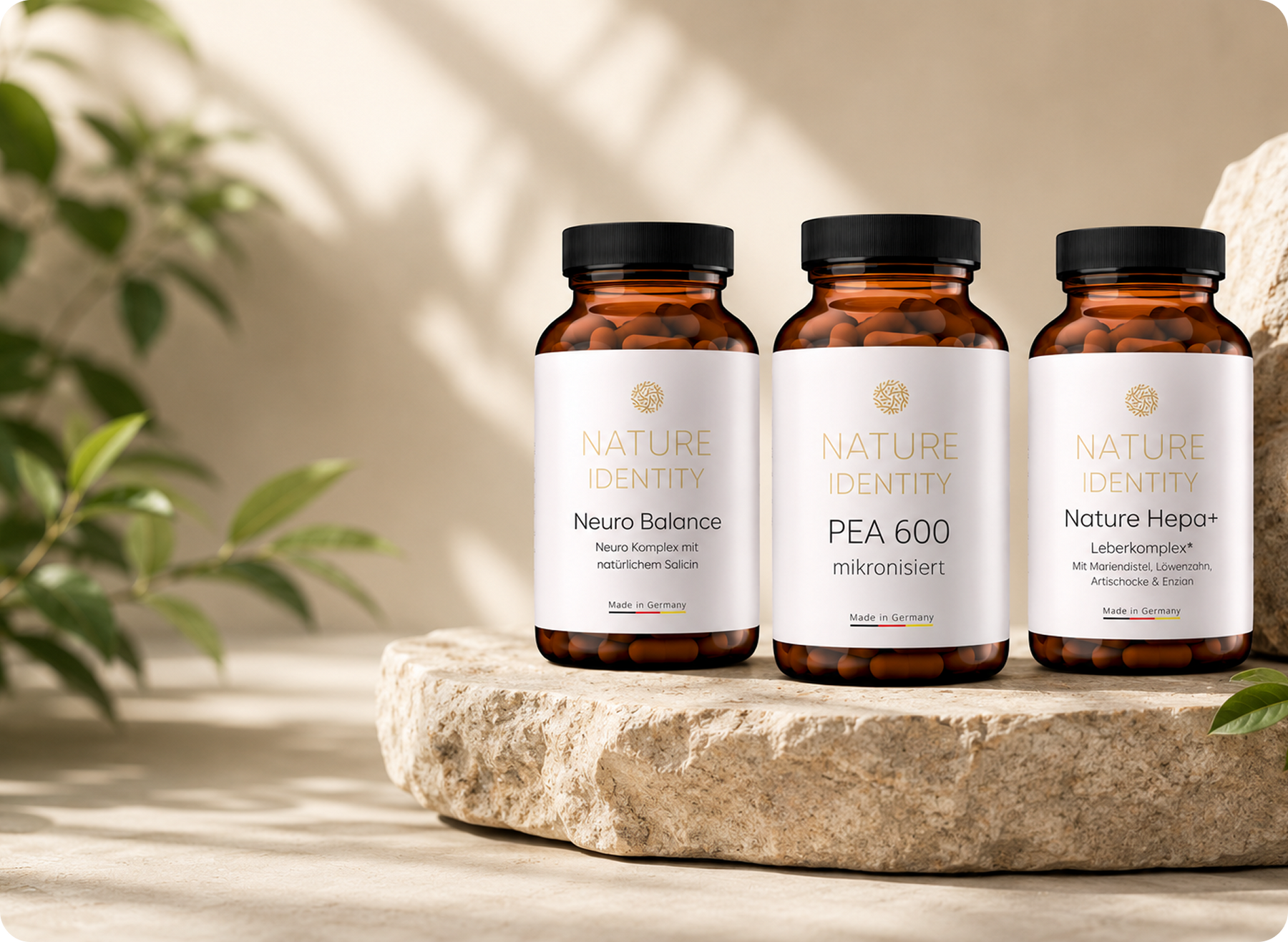 Nature Identity bottles in greenery