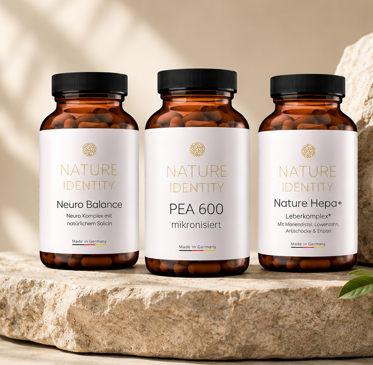 Nature Identity bottles in greenery